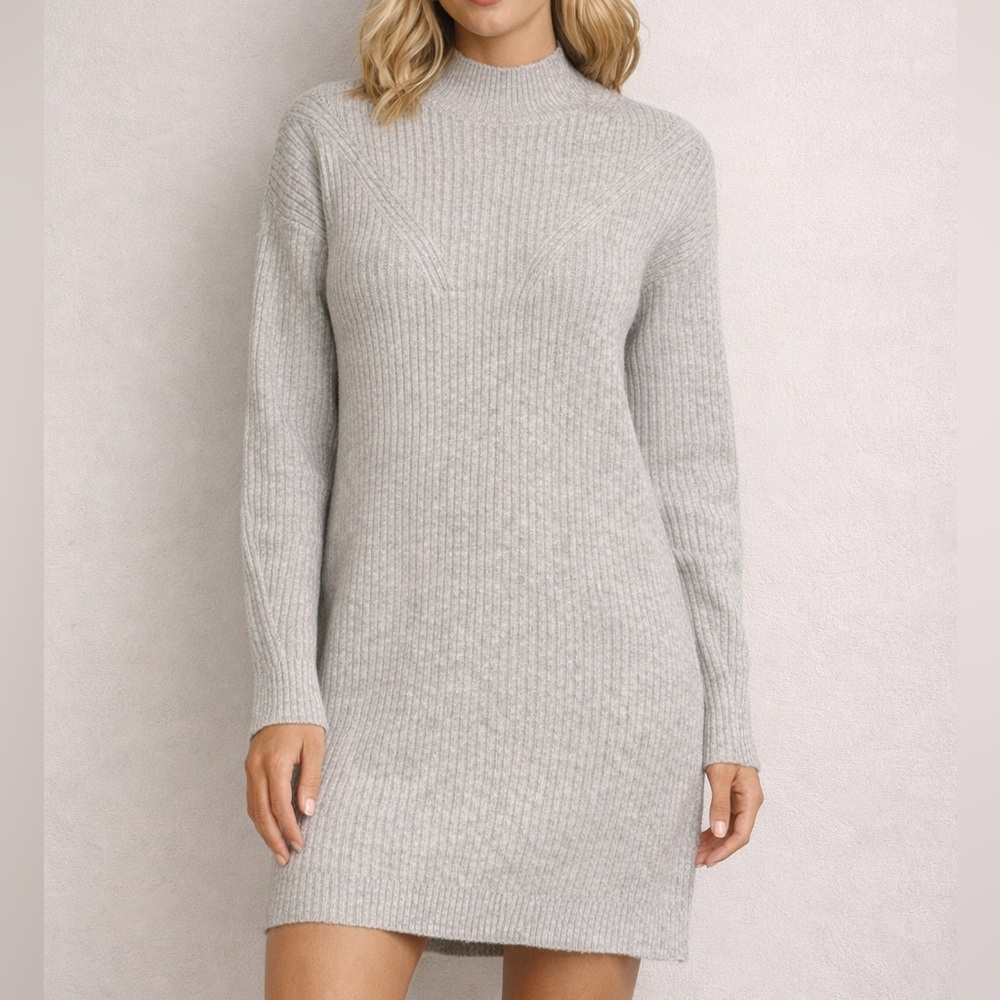 Ribbed Sweater Dress Womens Large Gray Knit Long Sleeve Mock Neck Fitted